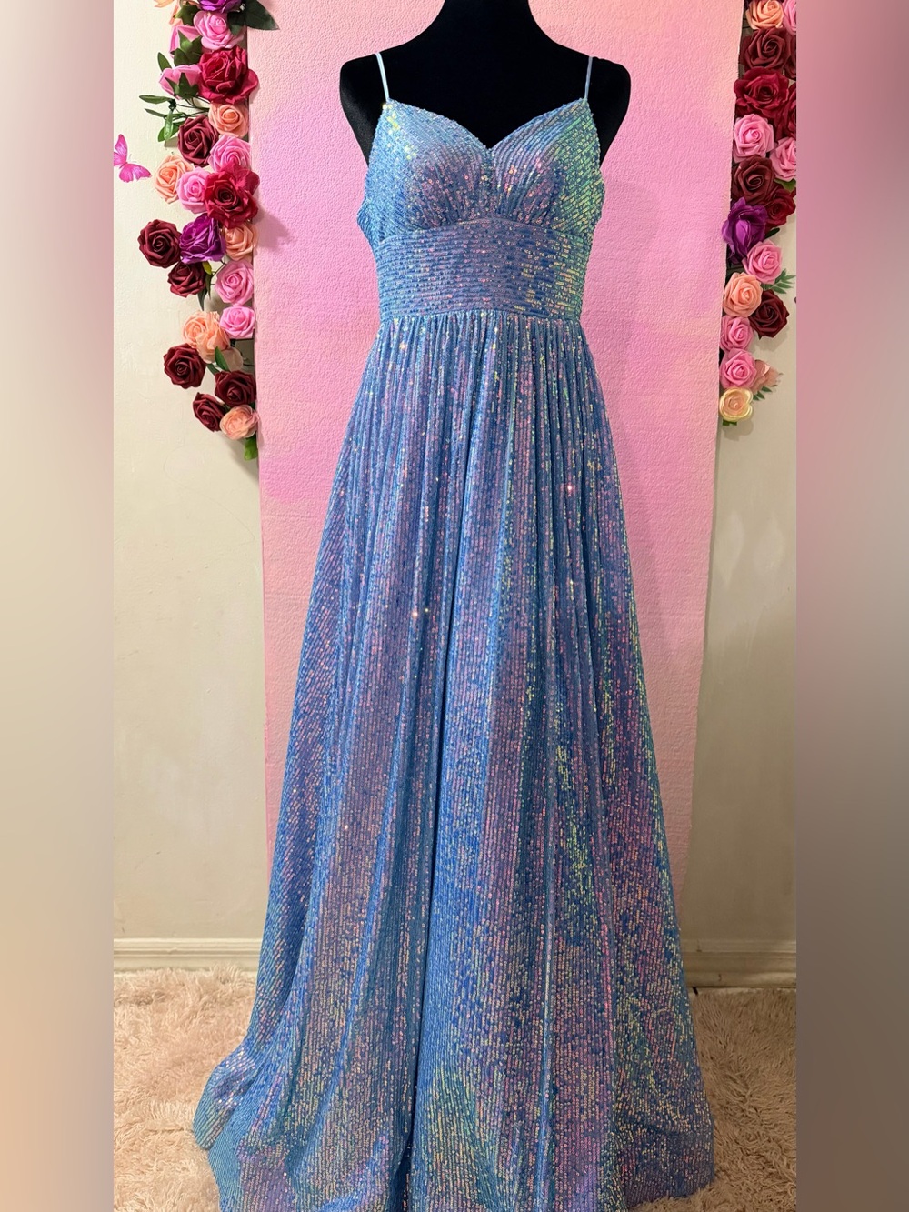 Sparkle Blue Sequin A-Line Long Elegant Dress size 7-8